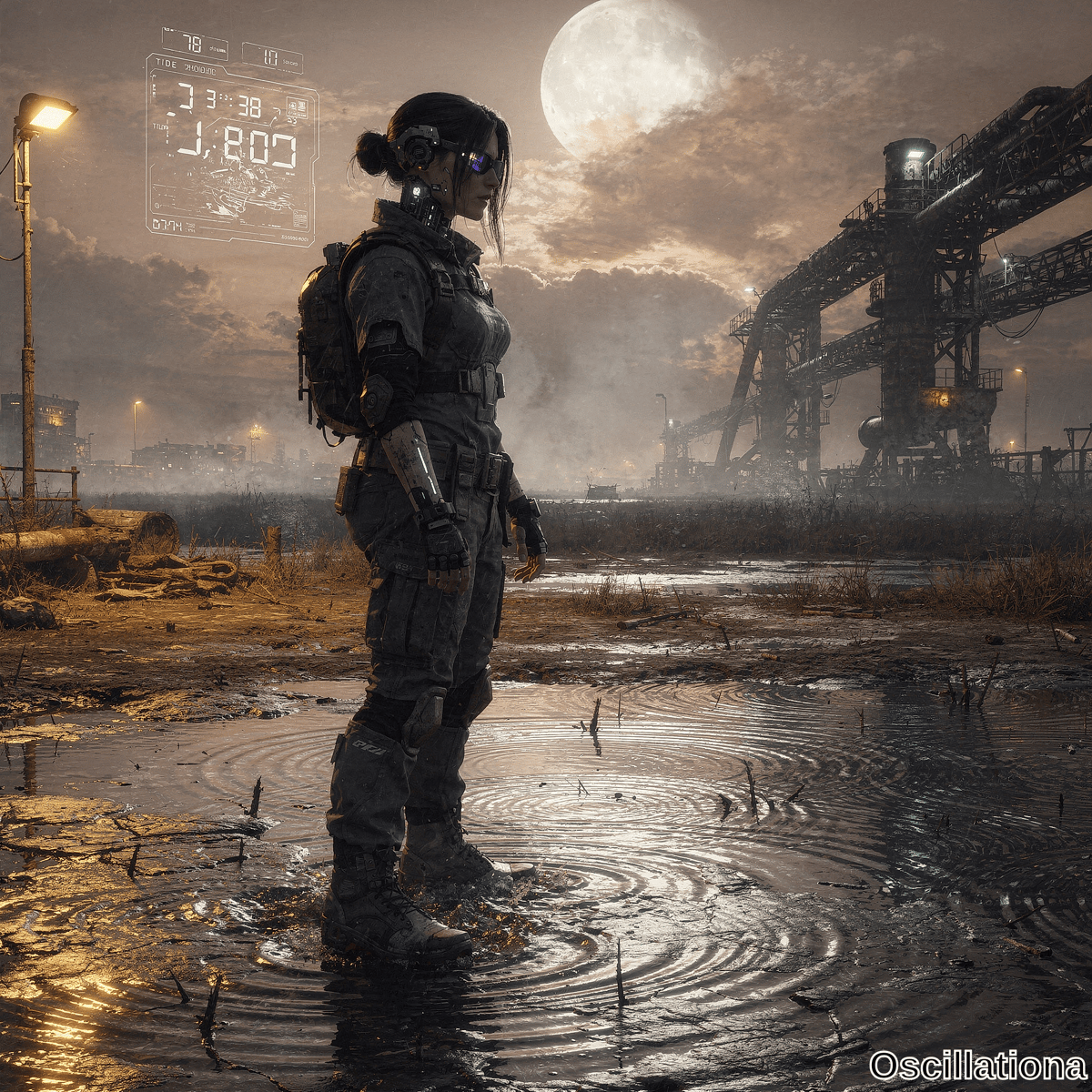 Cyberpunk female operative standing in profile in a flooded industrial wasteland at night with fog, full moon, lamp post and holographic HUD overlay, creating ripples in the puddle.
.