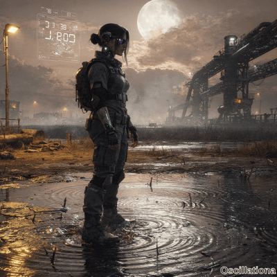 Cyberpunk female operative standing in profile in a flooded industrial wasteland at night with fog, full moon, lamp post and holographic HUD overlay, creating ripples in the puddle.
.