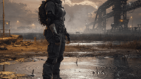 Cyberpunk female operative standing in profile in a flooded industrial wasteland at night with fog, full moon, lamp post and holographic HUD overlay, creating ripples in the puddle.
.