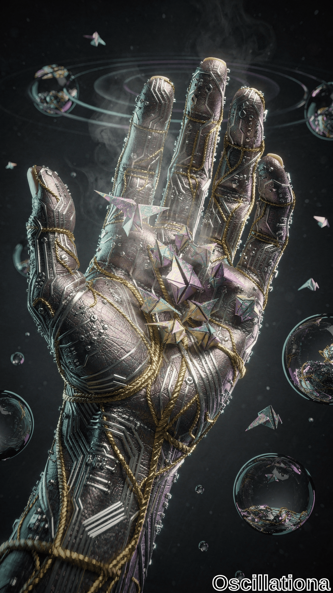 A highly detailed futuristic mechanical hand with a metallic surface, adorned with intricate gold and silver patterns and circuitry, holds iridescent geometric crystal-like objects emitting a soft glow
