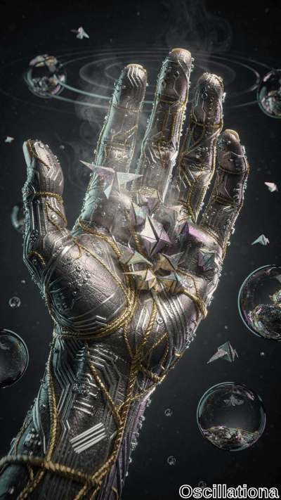 A highly detailed futuristic mechanical hand with a metallic surface, adorned with intricate gold and silver patterns and circuitry, holds iridescent geometric crystal-like objects emitting a soft glow