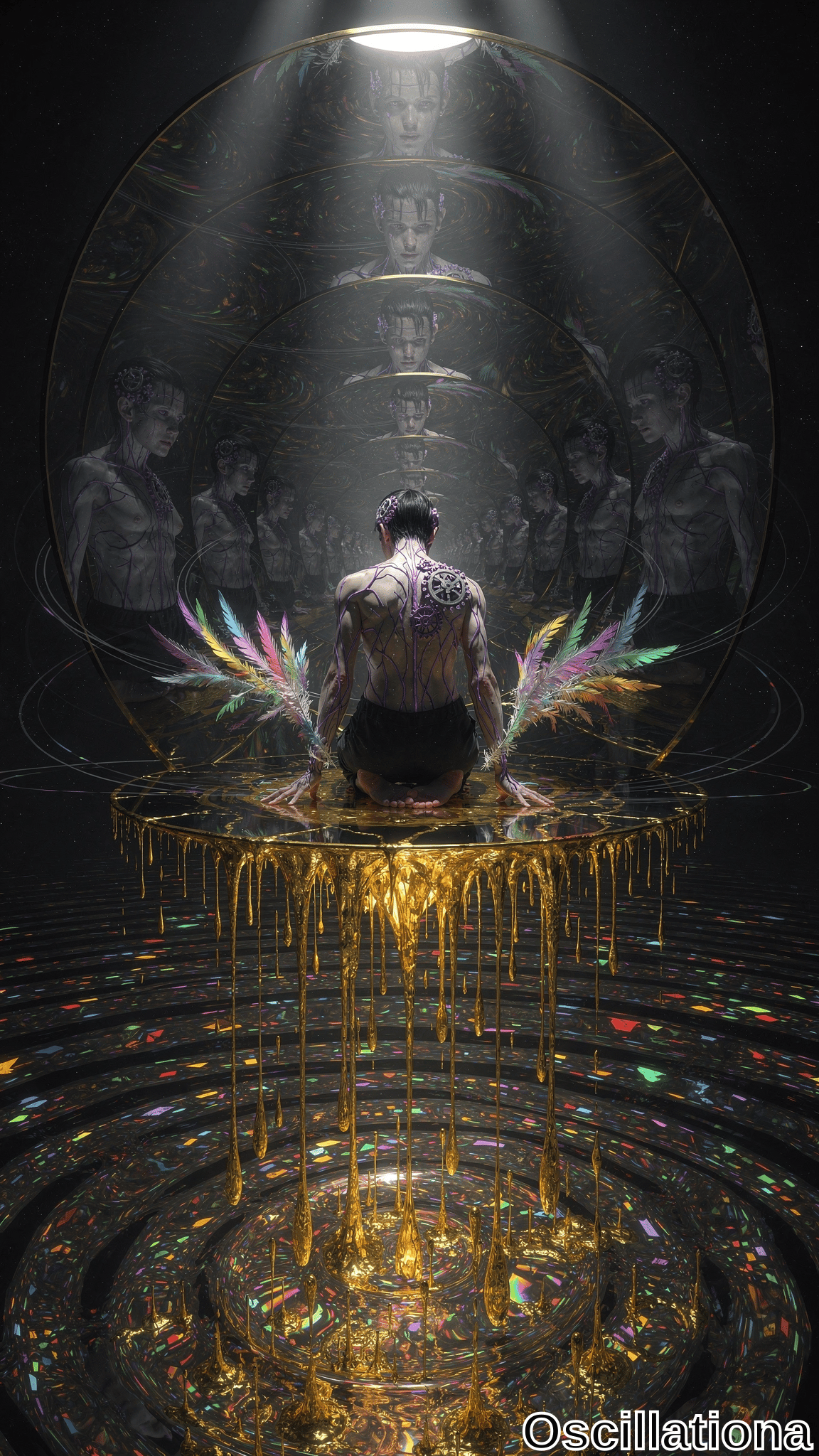 A muscular man with rainbow wings sits on a dripping golden platform beneath floating circular frames showing his own figures, above a vibrant cosmic mandala floor in a dark mystical space.