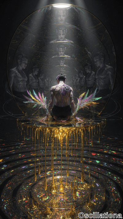 A muscular man with rainbow wings sits on a dripping golden platform beneath floating circular frames showing his own figures, above a vibrant cosmic mandala floor in a dark mystical space.
