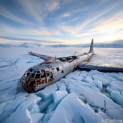 "A vintage military or cargo airplane, heavily rusted with a silver and reddish-brown hue, is embedded in broken white and blue ice.