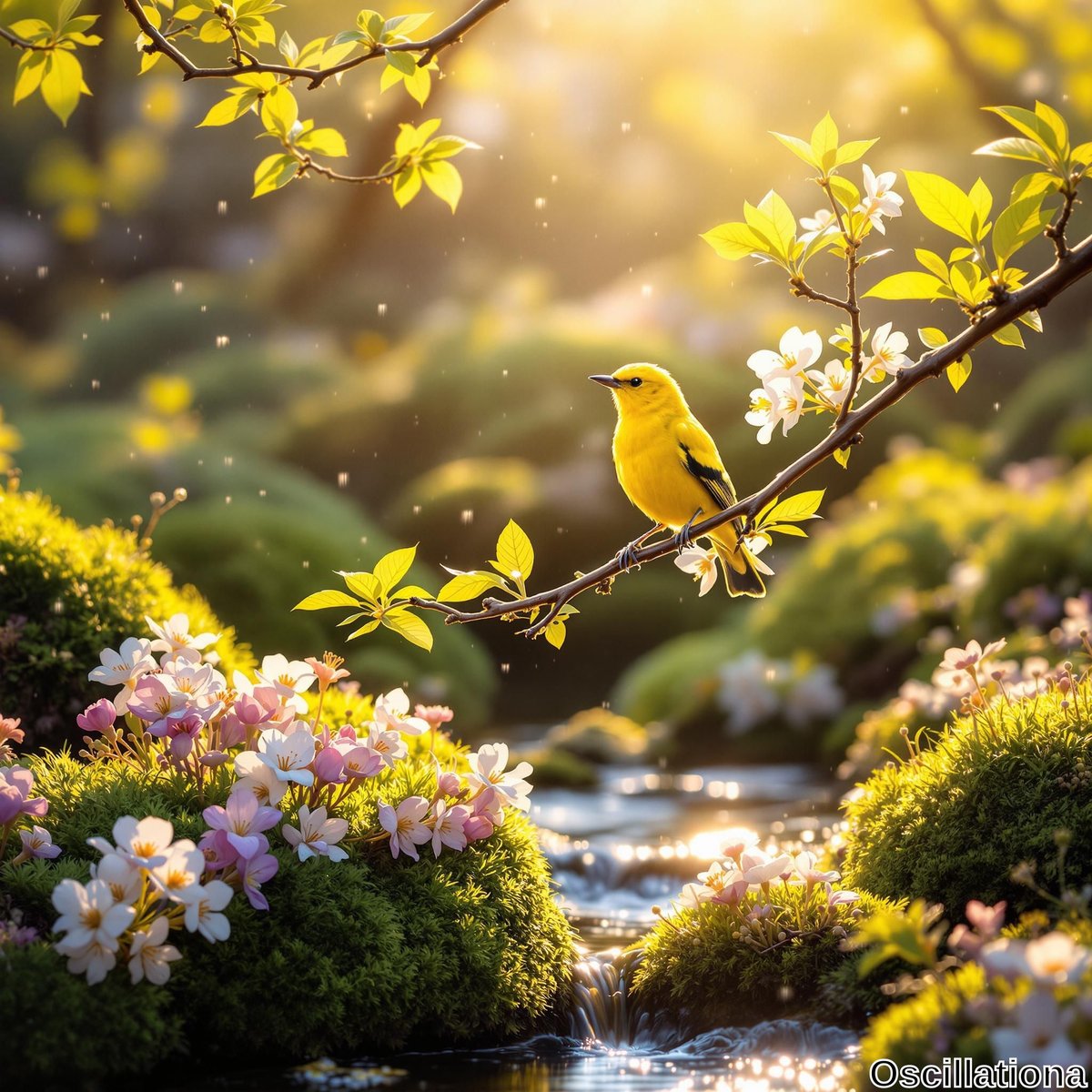 A serene natural scene with soft golden light illuminating a vibrant yellow bird perched on a delicate branch amidst fresh green leaves signaling spring.
