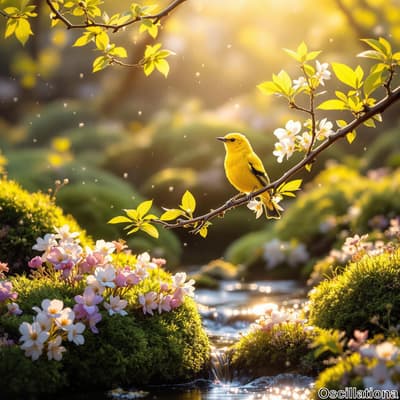 A serene natural scene with soft golden light illuminating a vibrant yellow bird perched on a delicate branch amidst fresh green leaves signaling spring.