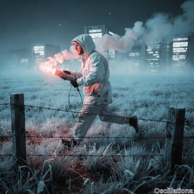 In icy blue-white cyberpunk night, bearded man in white hooded parka and dirt-stained baggy pants runs through frosty cyan grass toward weathered barbed-wire fence, gripping lit red-orange flare trailing sparks, smoke, and coiled