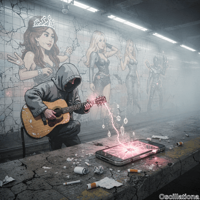 Gritty cyberpunk subway platform in desaturated grays: cracked white tile walls, fog, fluorescent lights, littered ledge with butts and papers. Hooded gray figure strums tan guitar, magenta energy beam arcs to shattered