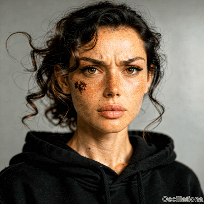 Intense studio portrait of a freckled young woman with hazel eyes and furrowed brows in a serious gaze. Her tousled hair with snowflake mark on cheek.
.