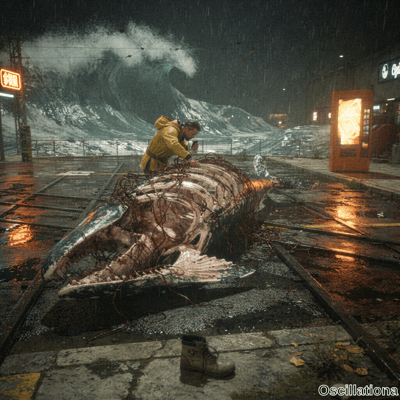 Man in yellow raincoat stands over decaying whale carcass on rainy train platform as tsunami wave looms with glowing vending machine and neon signs. 
The wet pavement reflects dramatic colored lights in this apocalyptic surreal scene.