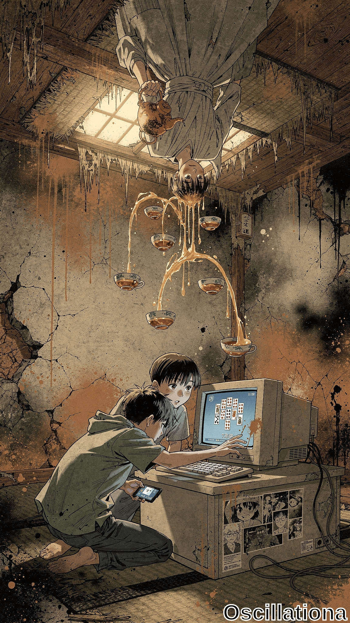 Anime horror: Upside-down figure in yukata pours honey into hanging teacups above two boys at CRT monitor with mahjong in grimy attic with posters and skylight.