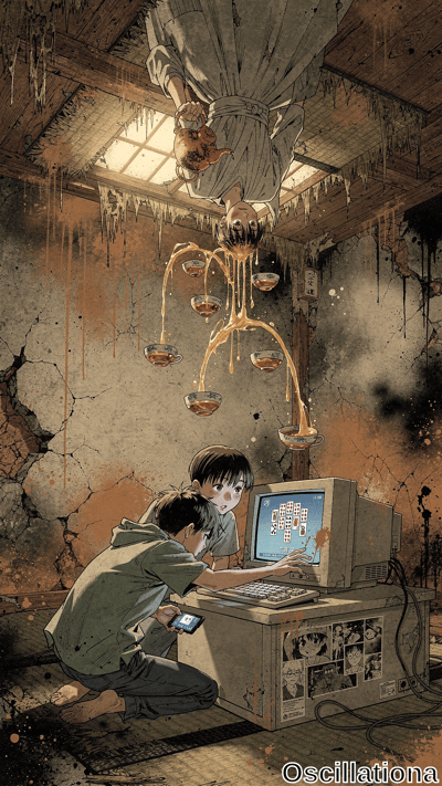 Anime horror: Upside-down figure in yukata pours honey into hanging teacups above two boys at CRT monitor with mahjong in grimy attic with posters and skylight.