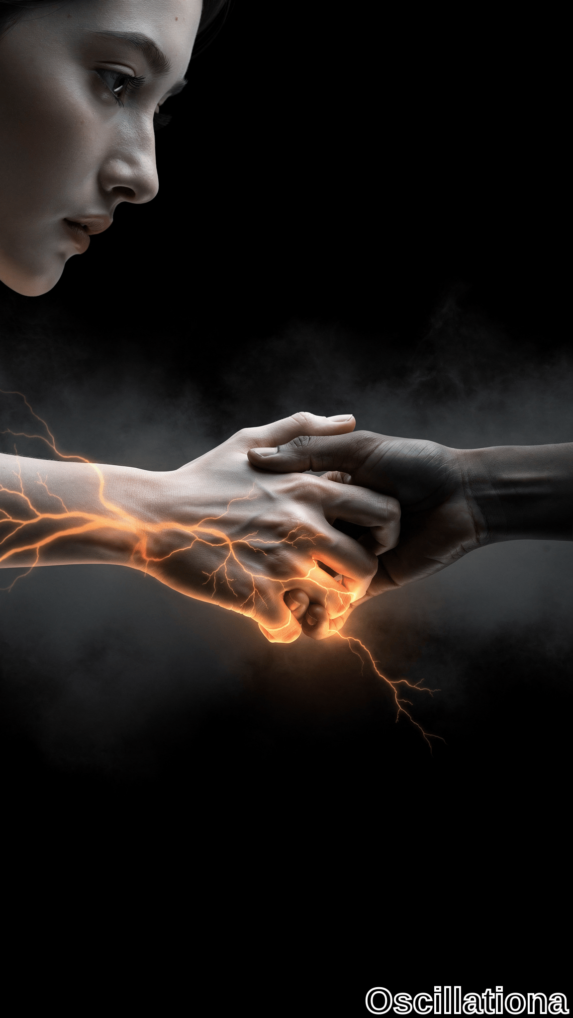 "Two hands, one lighter and one darker, clasped in a firm grip against a black background