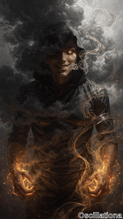 A menacing hooded figure emerges from dark storm clouds, one eye glowing orange and hands engulfed in flames with swirling golden embers. Dramatic lighting creates an intense, ominous mood.