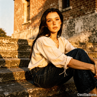 Young woman with long wavy hair and freckles sits on weathered steps before brick building at golden hour in linen blouse and jeans, gazing at viewer.
.