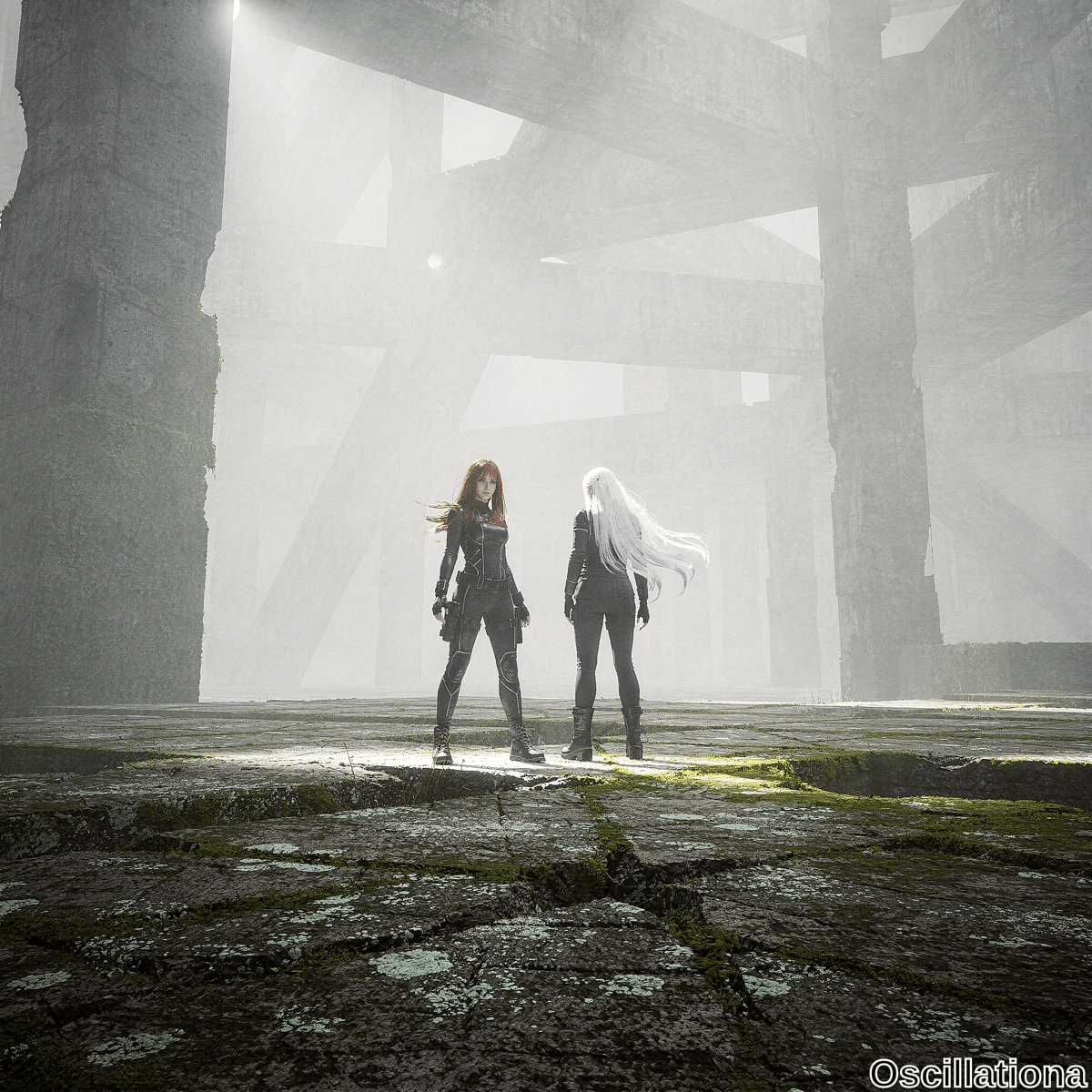 Foggy post-apocalyptic megastructure ruin with towering mossy concrete pillars, volumetric god rays piercing thick mist, and debris-strewn floor. Athletic redhead in black tactical bodysuit faces white-haired woman from behind.