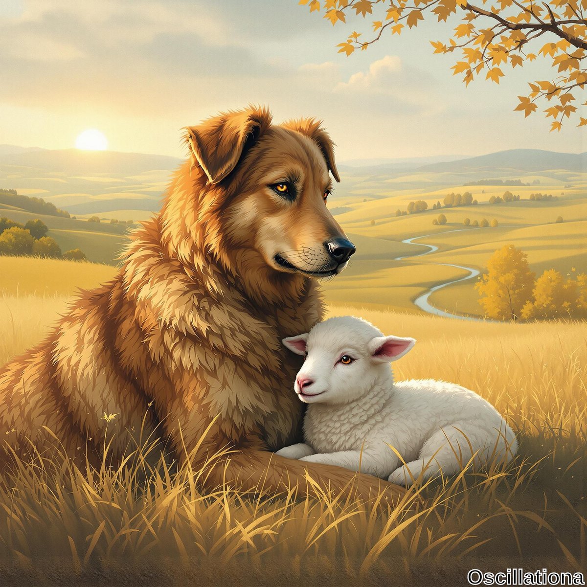 A serene pastoral sunset scene with a large, fluffy brown dog lying in a golden field, its rich coat reflecting warm light.