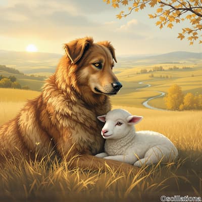 A serene pastoral sunset scene with a large, fluffy brown dog lying in a golden field, its rich coat reflecting warm light.