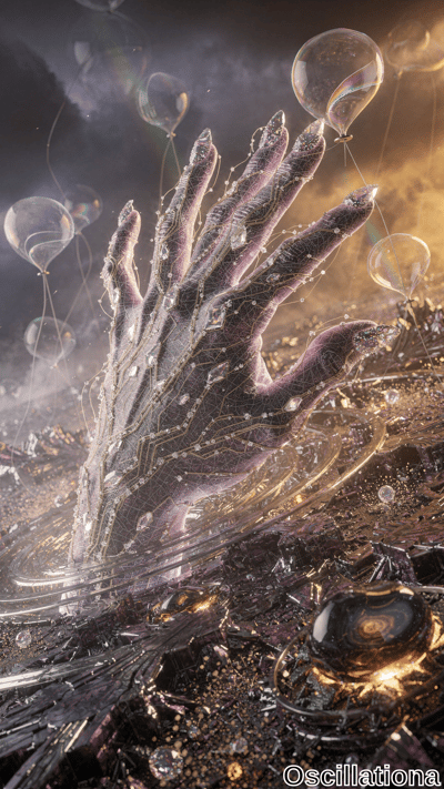 A surreal, futuristic scene with a large, detailed hand emerging from a fragmented, crystalline surface