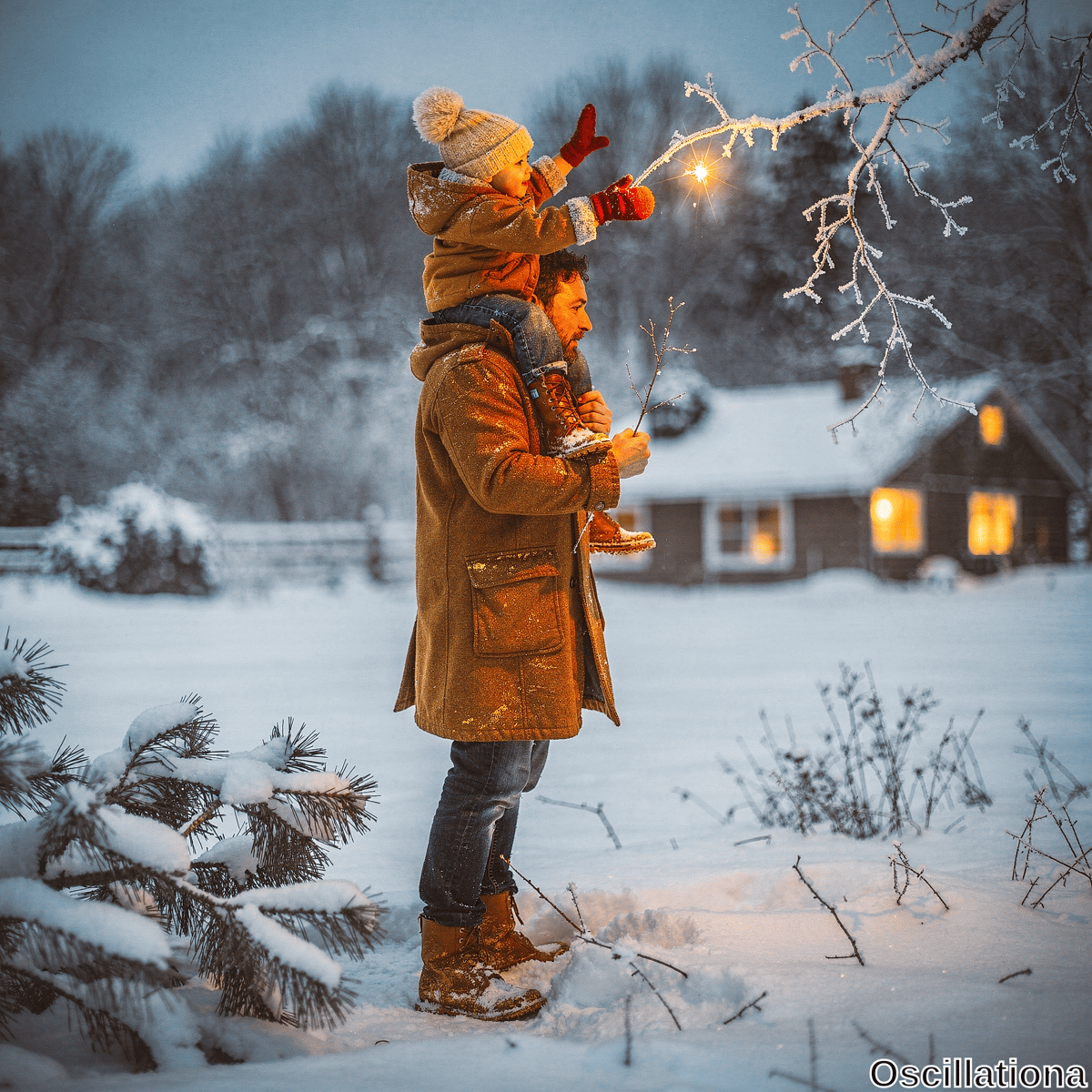 Heartwarming winter twilight: bearded father in tan corduroy coat, jeans, boots piggybacks toddler son in beige puffer coat, white pom-pom beanie, red mittens amid deep snow. Boy joyfully reaches