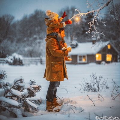 Heartwarming winter twilight: bearded father in tan corduroy coat, jeans, boots piggybacks toddler son in beige puffer coat, white pom-pom beanie, red mittens amid deep snow. Boy joyfully reaches
