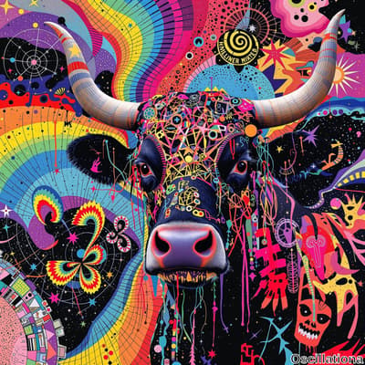 A psychedelic bull's head with intricate, colorful patterns and geometric shapes in bright yellows, reds, blues, greens, purples, and pinks