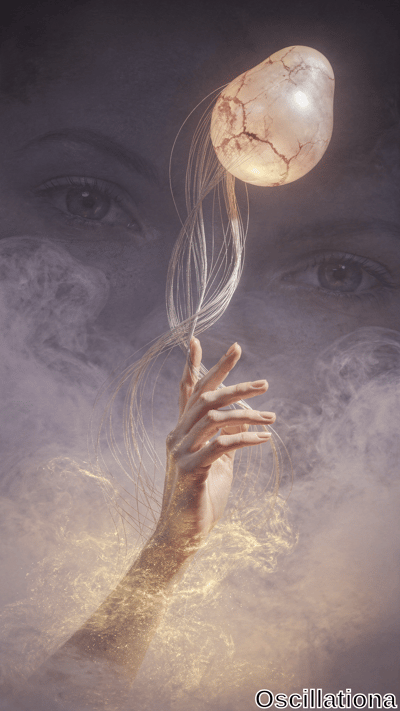 A pale hand rises through swirling golden mist to hold a luminous cracked orb emitting soft light, with long white strands flowing downward against a faint shadowed face.