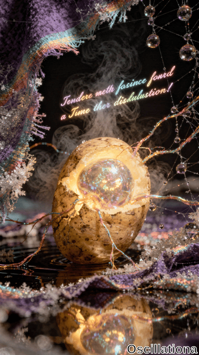 A cracked, golden-brown egg-like object at the center emits a glowing, iridescent bubble, set against a mystical dark background with swirling mist