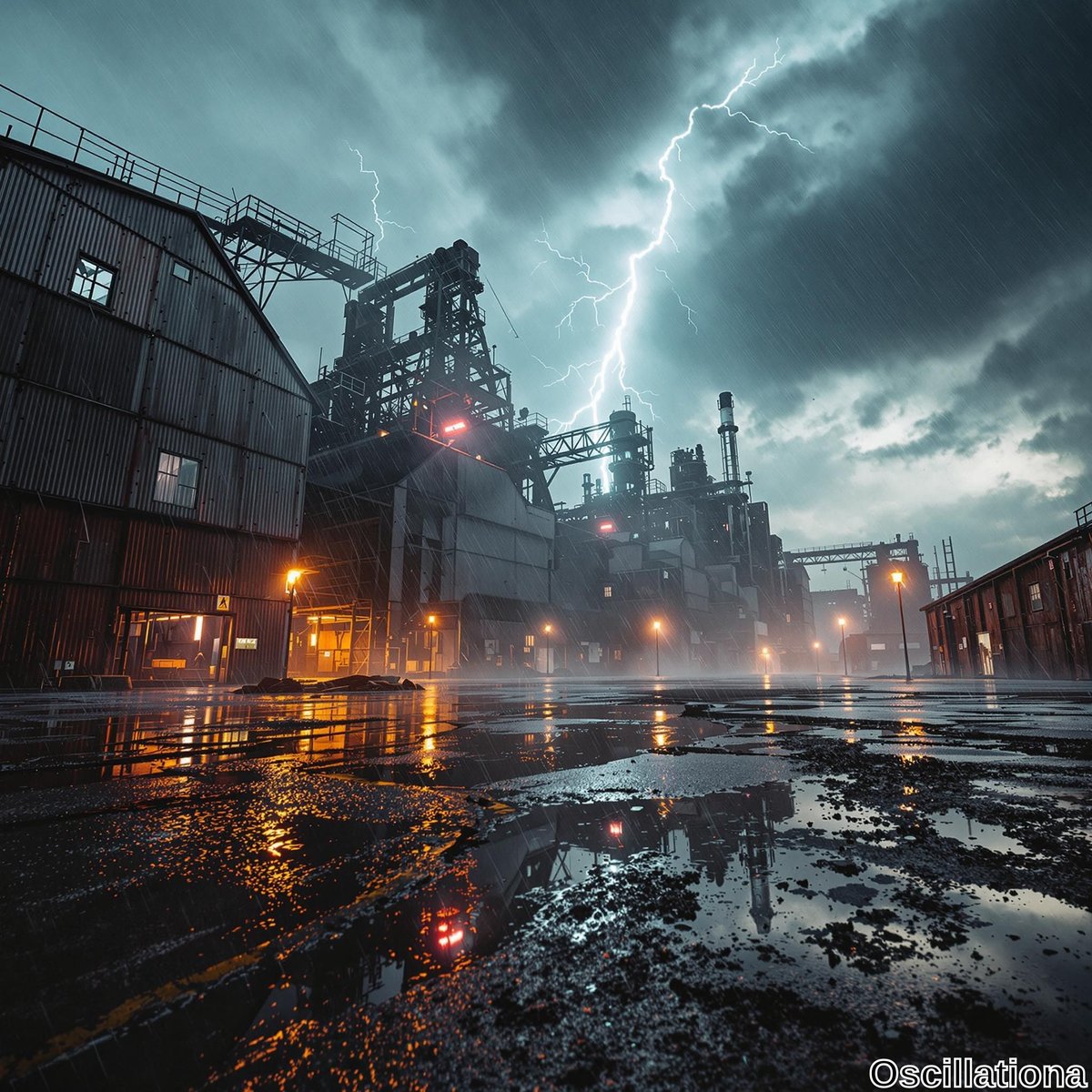 A stormy night at an industrial site with large factories and power plants, their towering structures and smokestacks illuminated by bright orange and yellow lights.