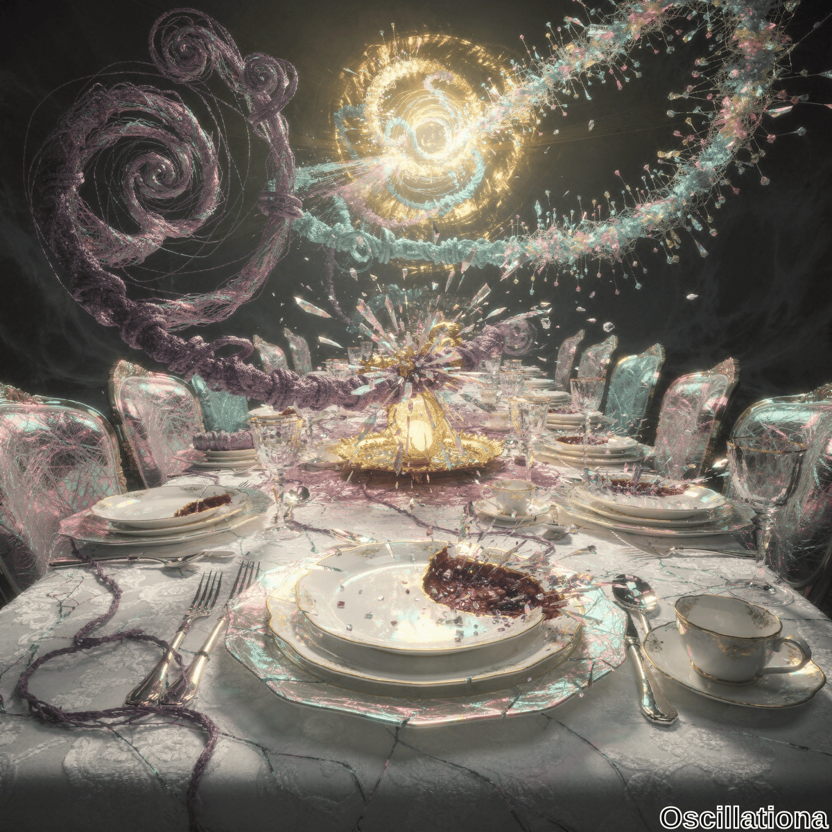 A formal dining table elegantly set with fine china, silverware, and glassware, adorned with plates, cups, forks, knives, spoons, and wine glasses