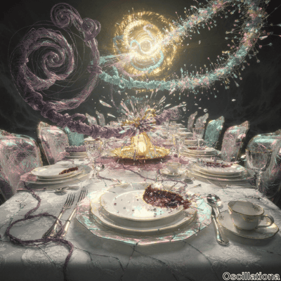 A formal dining table elegantly set with fine china, silverware, and glassware, adorned with plates, cups, forks, knives, spoons, and wine glasses