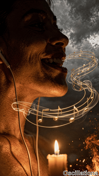 A person wearing earphones is bathed in the warm glow of a candle, casting a golden hue on their skin