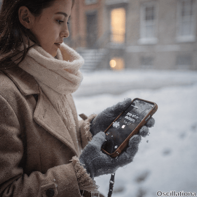 Close-up profile of young East Asian woman facing left on snowy urban street at dusk, serene thoughtful expression, long wavy dark brown hair dusted with snow. Camel-beige frayed trench coat, cream scarf, gray gloves;