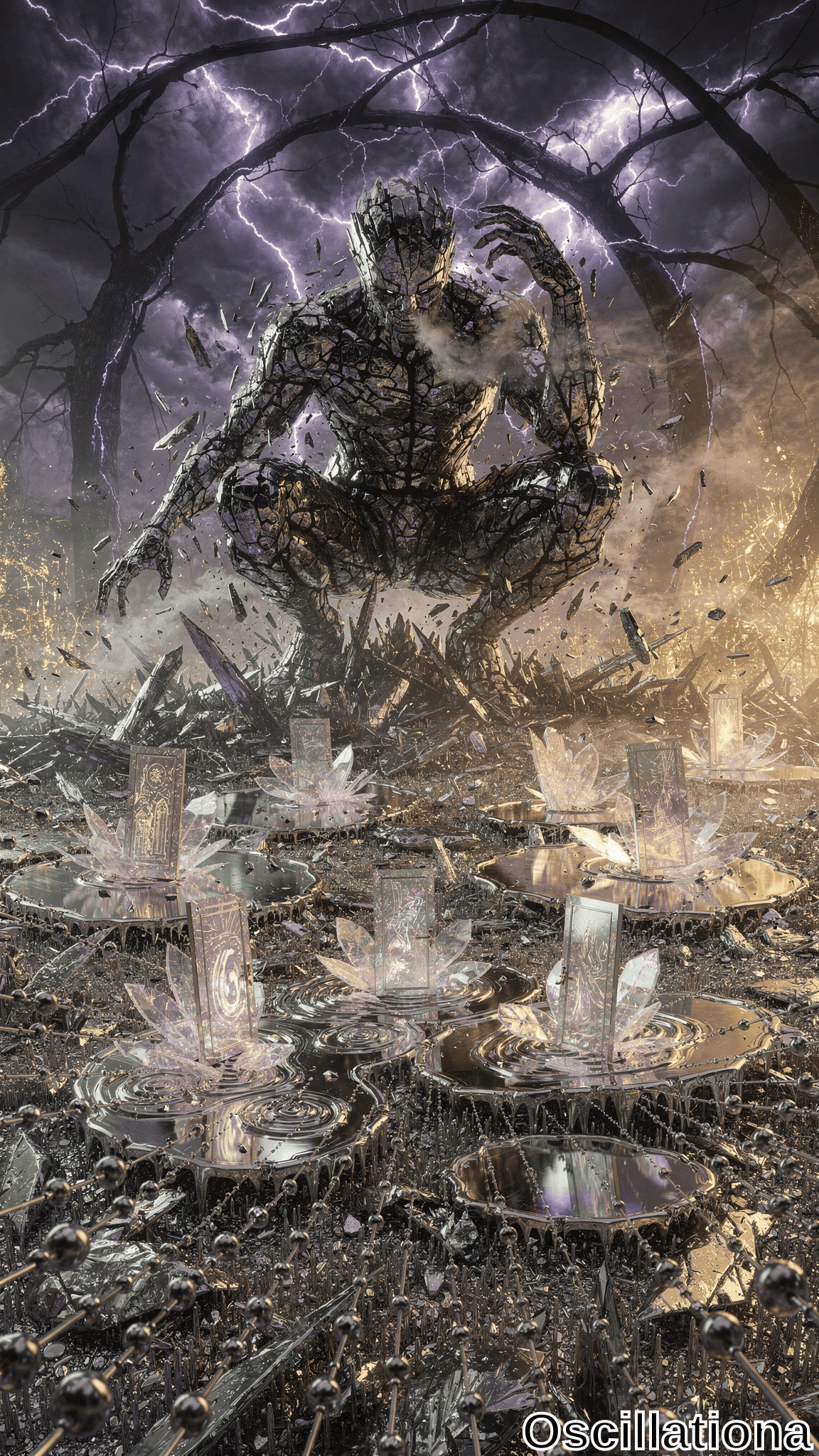 A large humanoid creature made of cracked, glowing stone or crystal crouches dynamically, one hand to its head and the other extended, surrounded by an aura of energy or mist