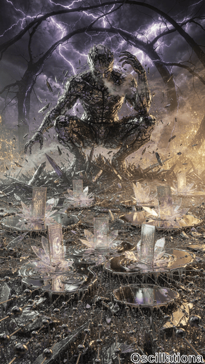 A large humanoid creature made of cracked, glowing stone or crystal crouches dynamically, one hand to its head and the other extended, surrounded by an aura of energy or mist