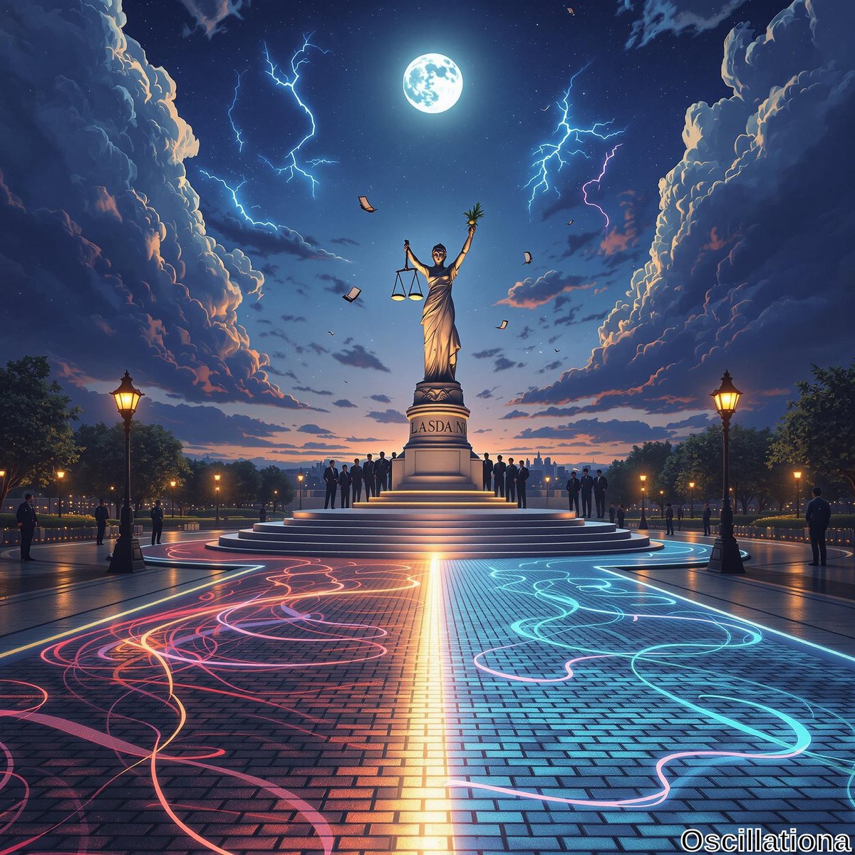 A dramatic night scene with a large Lady Justice statue holding scales and a torch, standing on a "JUSTITIA" inscribed pedestal.