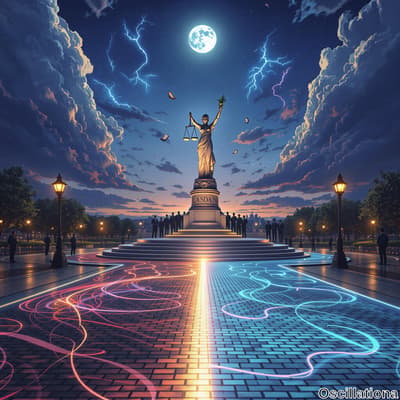 A dramatic night scene with a large Lady Justice statue holding scales and a torch, standing on a "JUSTITIA" inscribed pedestal.