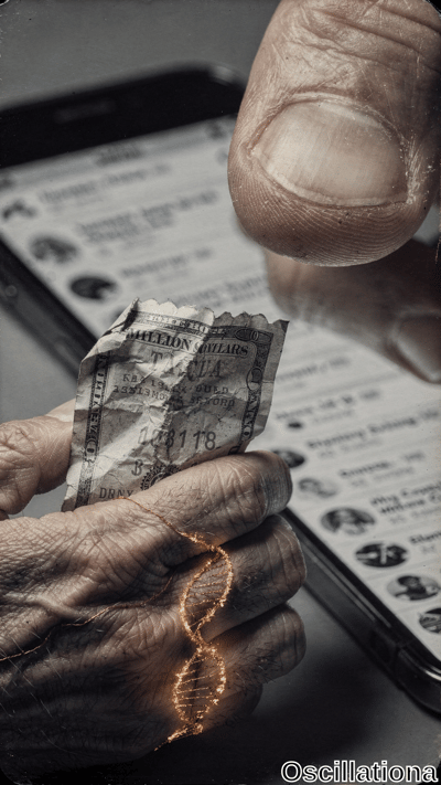 Two veined elderly hands grip a torn, weathered $100 bill as an ethereal golden-orange DNA double helix glows between fingers, over blurred smartphone messaging screen, desaturated sepia noir with film grain.