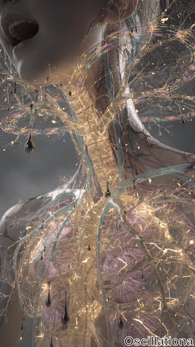 A surreal human figure with a transparent neck and upper torso, showcasing a glowing network of colorful veins in blue, purple, yellow, and green, branching like a tree