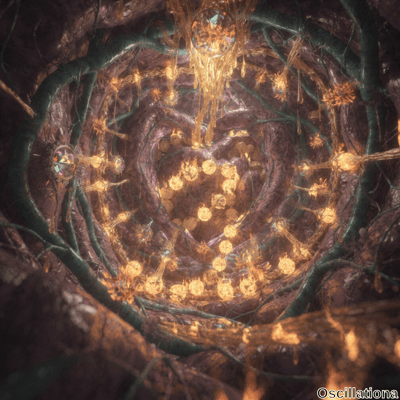 A surreal, abstract scene with a central, glowing heart-shaped structure made of numerous small, golden orbs, pulsating with vibrant light