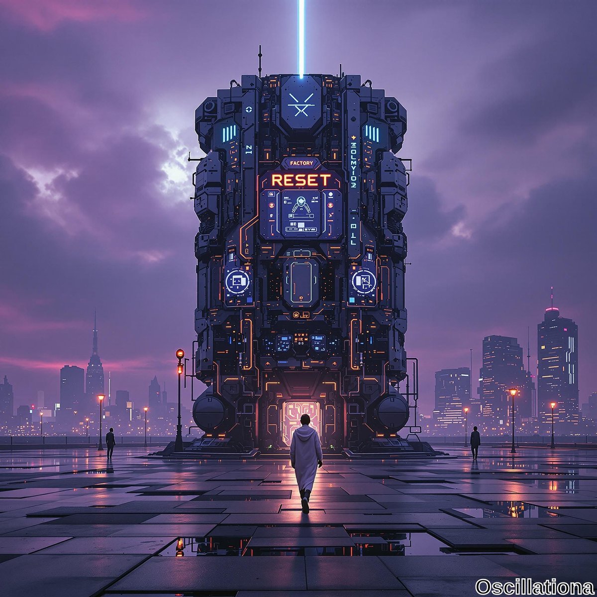 A cyberpunk scene at dusk with a towering structure covered in lights, circuits, and symbols like "FACTORY" and "RESET."