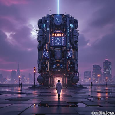 A cyberpunk scene at dusk with a towering structure covered in lights, circuits, and symbols like "FACTORY" and "RESET."