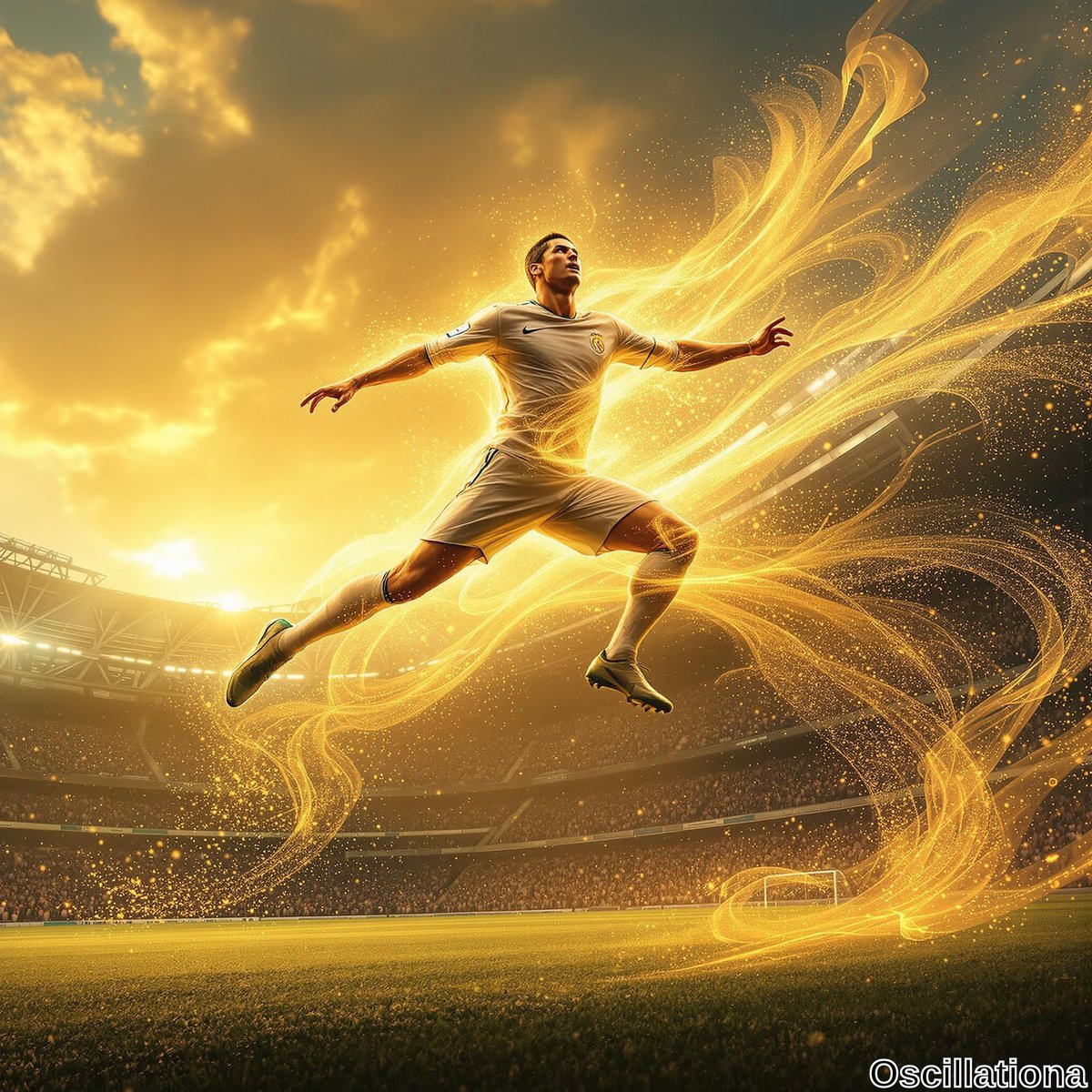 "A male soccer player in a white and green jersey leaps mid-air with determination during a sunset match, surrounded by golden light swirls and sparkles, in a packed stadium with a distant goal visible."