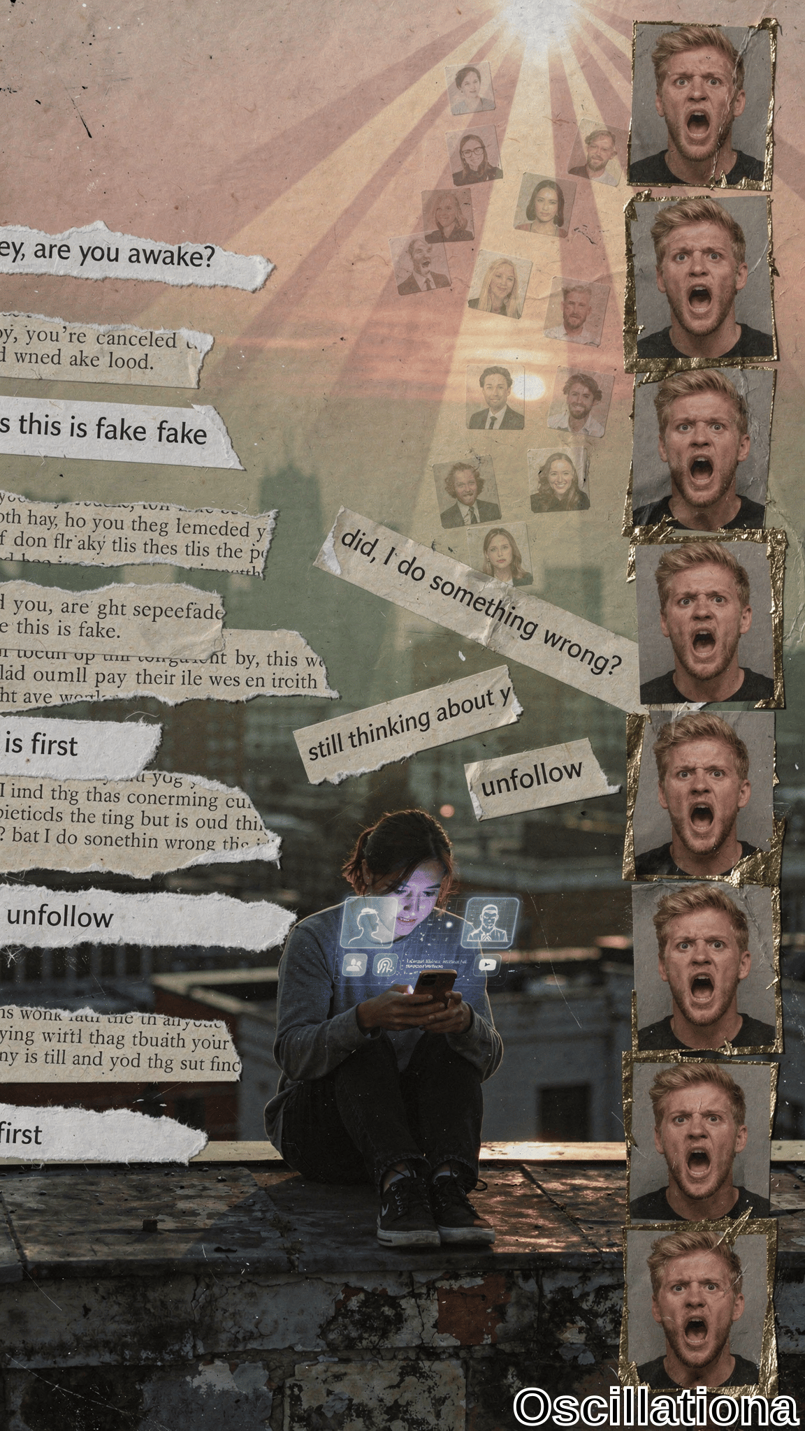 Surreal sepia collage on aged paper with golden rays: East Asian woman in hoodie on dusk rooftop ledge views glowing phone avatars, amid stacked Polaroids of screaming blond man, scattered profiles, and glitched texts like "you're