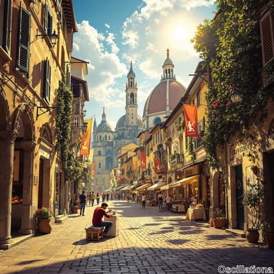A vibrant European town street scene with cobblestones, lined by charming buildings in warm yellows and earth tones.