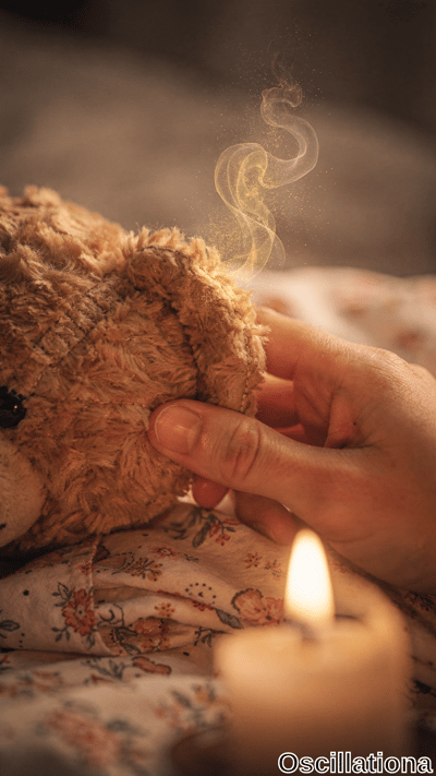 A light brown plush teddy bear is tenderly held by a hand, with golden glittery smoke emanating from its ear, set against a floral-patterned fabric in muted beige, pink, and green