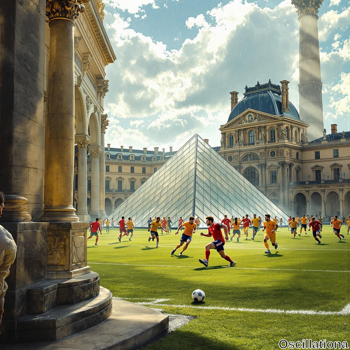 A lively soccer match unfolds on a lush green pitch in a grand courtyard, where players in vibrant red and yellow uniforms chase a black and white ball.