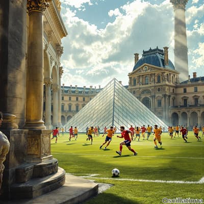 A lively soccer match unfolds on a lush green pitch in a grand courtyard, where players in vibrant red and yellow uniforms chase a black and white ball.