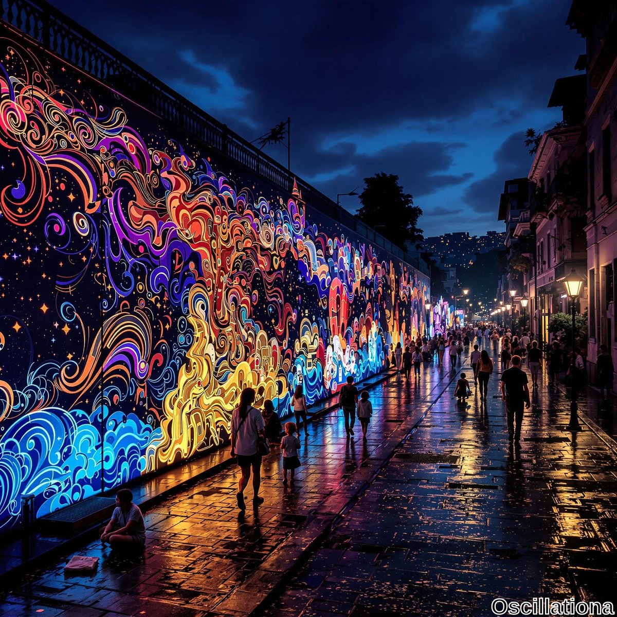 A vibrant urban scene at dusk with a large, colorful mural on a wall, displaying swirling patterns in bright blues, fiery oranges, vivid purples, and deep blacks.