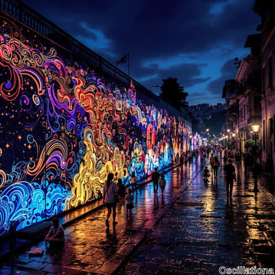 A vibrant urban scene at dusk with a large, colorful mural on a wall, displaying swirling patterns in bright blues, fiery oranges, vivid purples, and deep blacks.
